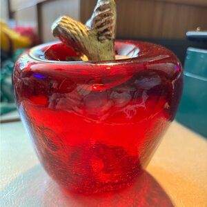 Large Handblown Red Crackle Glass Apple With Gold leaf/Stem Accent Statement
MCM